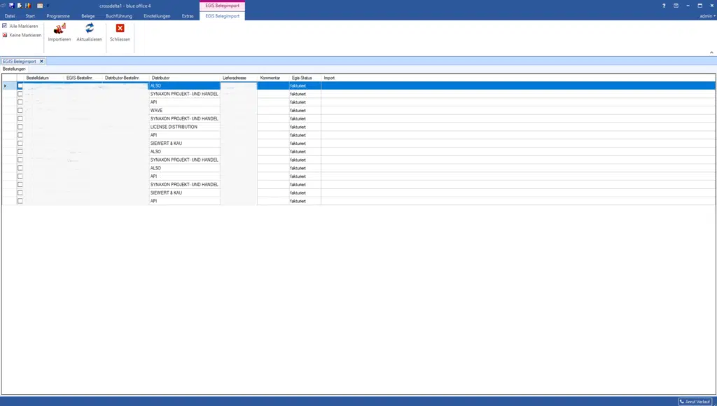 Der Belegimport importiert die Bestellung aus EGIS zurück nach blue office