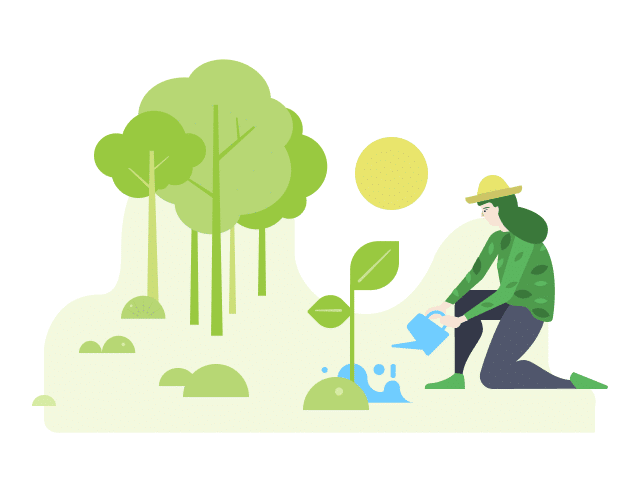 Eine Illustration mit Bäumen und einer Person, die einen wachsenden Baum gießt.