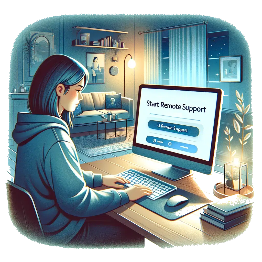 A digital illustration showing a person initiating remote support on a laptop in a cozy home office setting. The person, a young adult with medium-len
